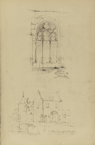 809964 Boven: afbeelding van een venster van de kruisgang van de Domkerk (Domplein) te Utrecht, met de gebeeldhouwde ...